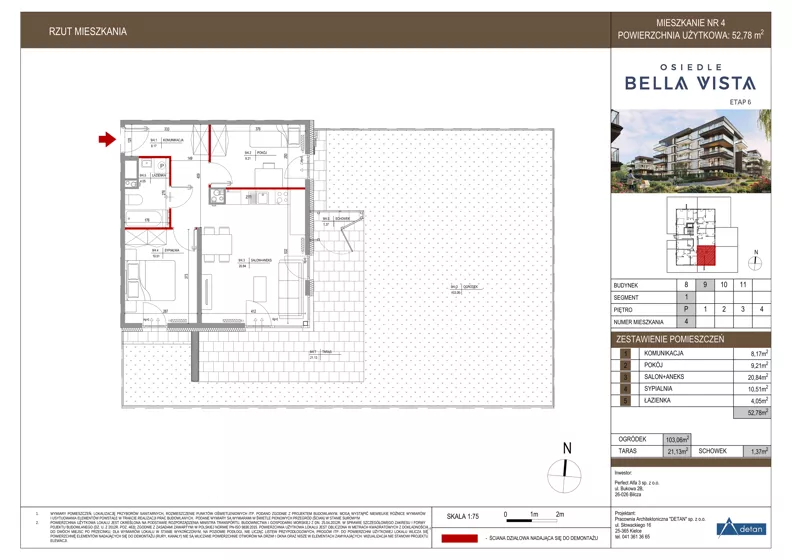 3 pokoje, mieszkanie 52,78 m², parter, oferta nr 9-4, Osiedle Bella Vista etap VI, Kielce, Ostra Górka, ul. Generała Andersa / Domki
