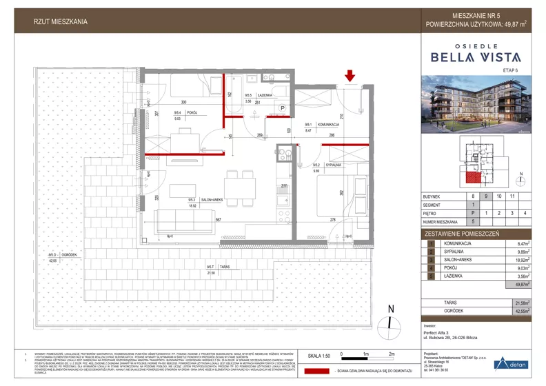 3 pokoje, mieszkanie 49,87 m², parter, oferta nr 9-5, Osiedle Bella Vista etap VI, Kielce, Ostra Górka, ul. Generała Andersa / Domki