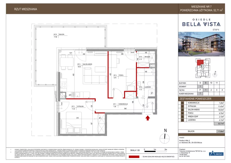 3 pokoje, mieszkanie 52,71 m², piętro 1, oferta nr 9-7, Osiedle Bella Vista etap VI, Kielce, Ostra Górka, ul. Generała Andersa / Domki