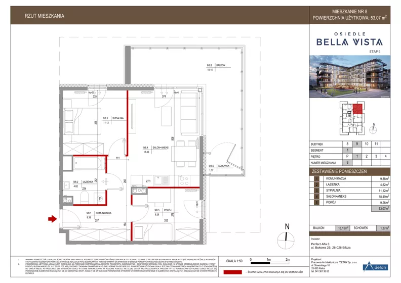 3 pokoje, mieszkanie 53,07 m², piętro 1, oferta nr 9-8, Osiedle Bella Vista etap VI, Kielce, Ostra Górka, ul. Generała Andersa / Domki