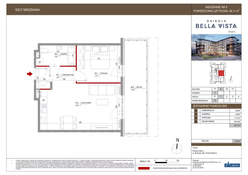 2 pokoje, mieszkanie 48,11 m², piętro 1, oferta nr 9-9, Osiedle Bella Vista etap VI, Kielce, Ostra Górka, ul. Generała Andersa / Domki
