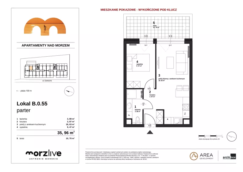 2 pokoje, mieszkanie 35,96 m², parter, oferta nr B.0.55 wykończone pod klucz, Morzlive etap 1, Ustronie Morskie, ul. Graniczna 4