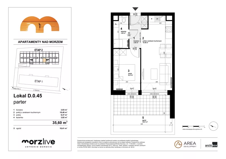2 pokoje, mieszkanie 35,60 m², parter, oferta nr D.0.45, Morzlive etap 2, Ustronie Morskie, ul. Graniczna 4