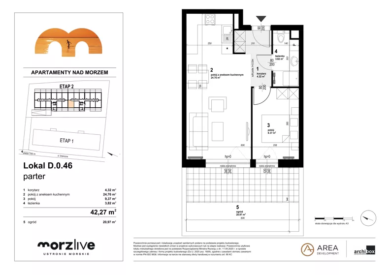 2 pokoje, mieszkanie 42,27 m², parter, oferta nr D.0.46, Morzlive etap 2, Ustronie Morskie, ul. Graniczna 4