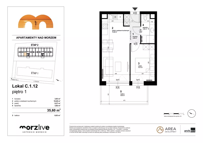 2 pokoje, mieszkanie 35,60 m², piętro 1, oferta nr C.1.12, Morzlive etap 2, Ustronie Morskie, ul. Graniczna 4