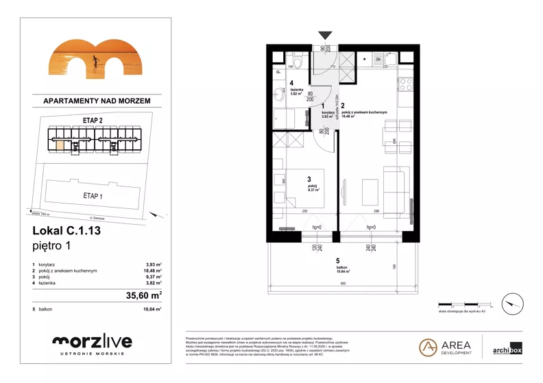 2 pokoje, mieszkanie 35,60 m², piętro 1, oferta nr C.1.13, Morzlive etap 2, Ustronie Morskie, ul. Graniczna 4