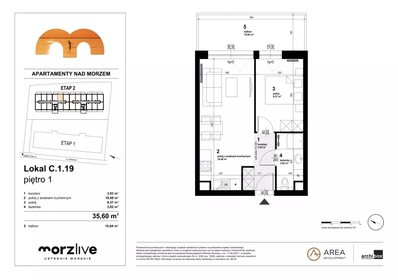 2 pokoje, mieszkanie 35,60 m², piętro 1, oferta nr C.1.19, Morzlive etap 2, Ustronie Morskie, ul. Graniczna 4