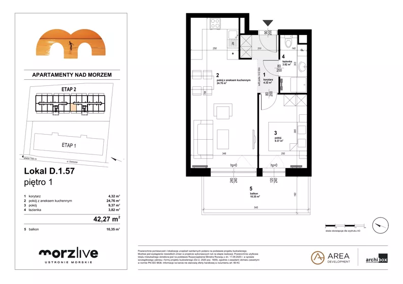 2 pokoje, mieszkanie 42,27 m², piętro 1, oferta nr D.1.57, Morzlive etap 2, Ustronie Morskie, ul. Graniczna 4