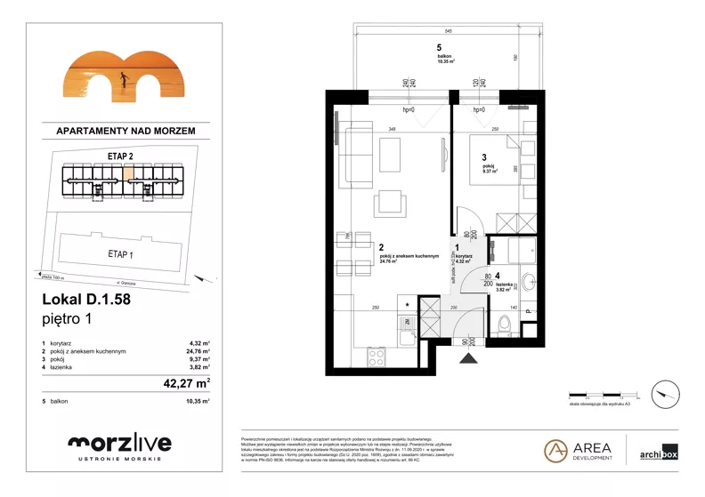 2 pokoje, mieszkanie 42,27 m², piętro 1, oferta nr D.1.58, Morzlive etap 2, Ustronie Morskie, ul. Graniczna 4