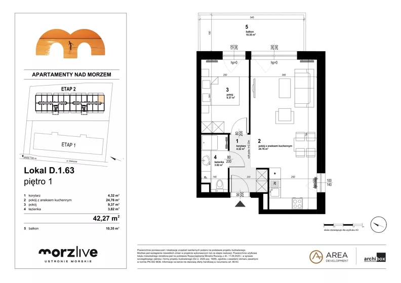 2 pokoje, mieszkanie 42,27 m², piętro 1, oferta nr D.1.63, Morzlive etap 2, Ustronie Morskie, ul. Graniczna 4
