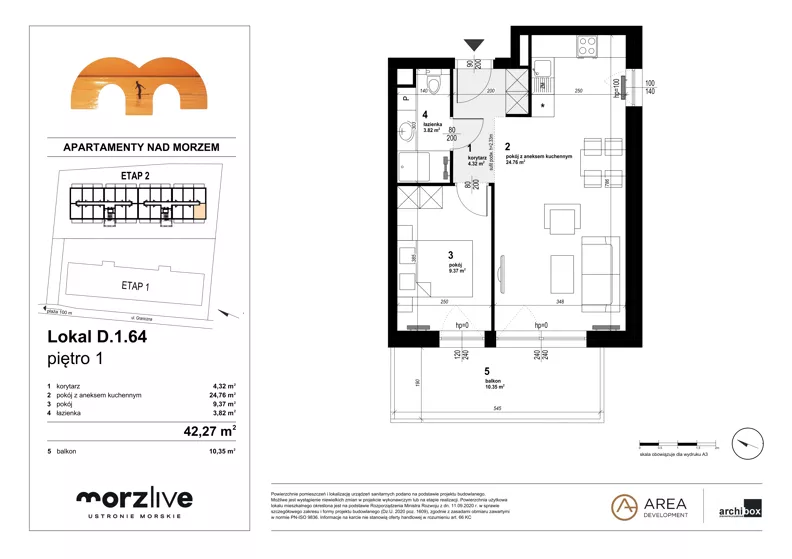 2 pokoje, mieszkanie 42,27 m², piętro 1, oferta nr D.1.64, Morzlive etap 2, Ustronie Morskie, ul. Graniczna 4