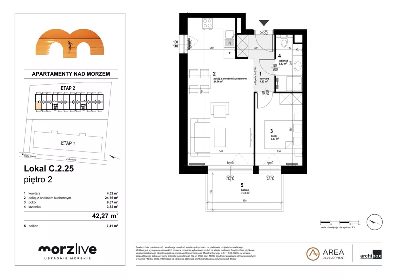 2 pokoje, mieszkanie 42,27 m², piętro 2, oferta nr C.2.25, Morzlive etap 2, Ustronie Morskie, ul. Graniczna 4