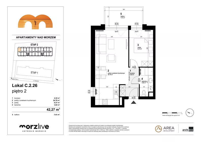 2 pokoje, mieszkanie 42,27 m², piętro 2, oferta nr C.2.26, Morzlive etap 2, Ustronie Morskie, ul. Graniczna 4