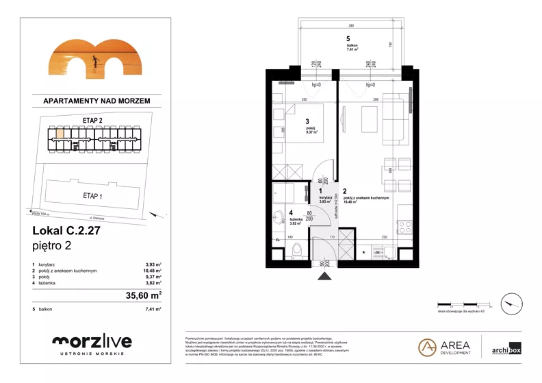 2 pokoje, mieszkanie 35,60 m², piętro 2, oferta nr C.2.27, Morzlive etap 2, Ustronie Morskie, ul. Graniczna 4