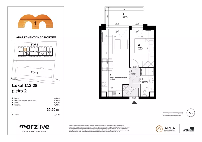 2 pokoje, mieszkanie 35,60 m², piętro 2, oferta nr C.2.28, Morzlive etap 2, Ustronie Morskie, ul. Graniczna 4