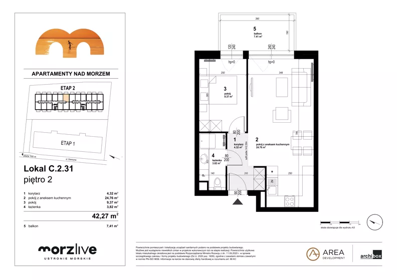 2 pokoje, mieszkanie 42,27 m², piętro 2, oferta nr C.2.31, Morzlive etap 2, Ustronie Morskie, ul. Graniczna 4