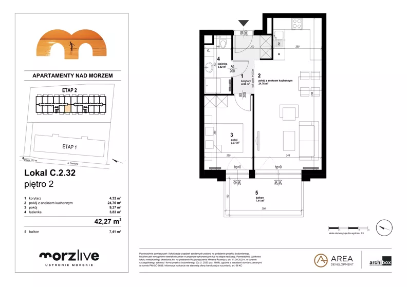 2 pokoje, mieszkanie 42,27 m², piętro 2, oferta nr C.2.32, Morzlive etap 2, Ustronie Morskie, ul. Graniczna 4