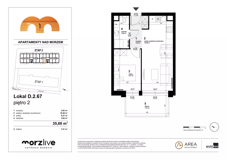 2 pokoje, mieszkanie 35,60 m², piętro 2, oferta nr D.2.67, Morzlive etap 2, Ustronie Morskie, ul. Graniczna 4