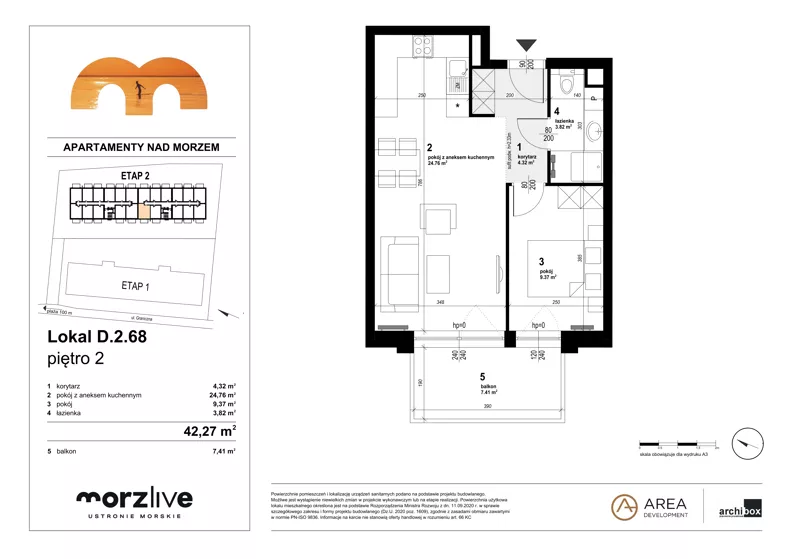 2 pokoje, mieszkanie 42,27 m², piętro 2, oferta nr D.2.68, Morzlive etap 2, Ustronie Morskie, ul. Graniczna 4