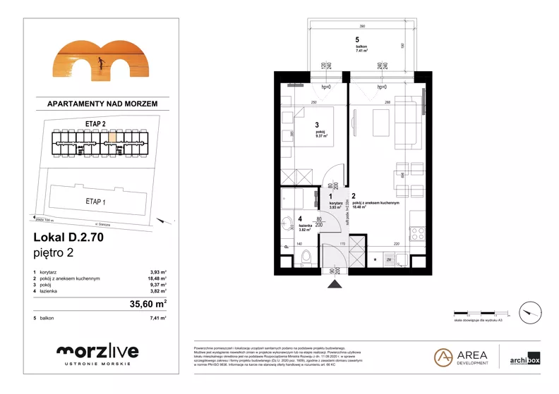 2 pokoje, mieszkanie 35,60 m², piętro 2, oferta nr D.2.70, Morzlive etap 2, Ustronie Morskie, ul. Graniczna 4