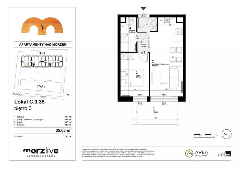 2 pokoje, mieszkanie 35,60 m², piętro 3, oferta nr C.3.35, Morzlive etap 2, Ustronie Morskie, ul. Graniczna 4