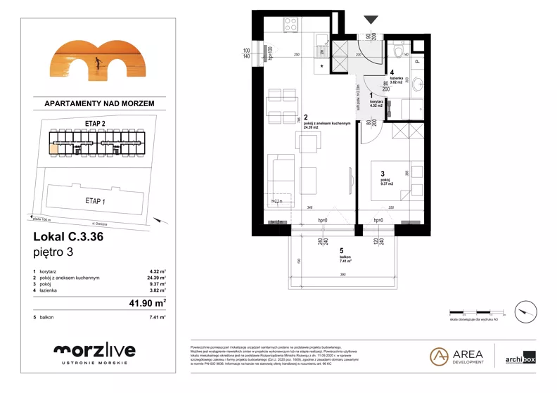 2 pokoje, mieszkanie 41,90 m², piętro 3, oferta nr C.3.36, Morzlive etap 2, Ustronie Morskie, ul. Graniczna 4