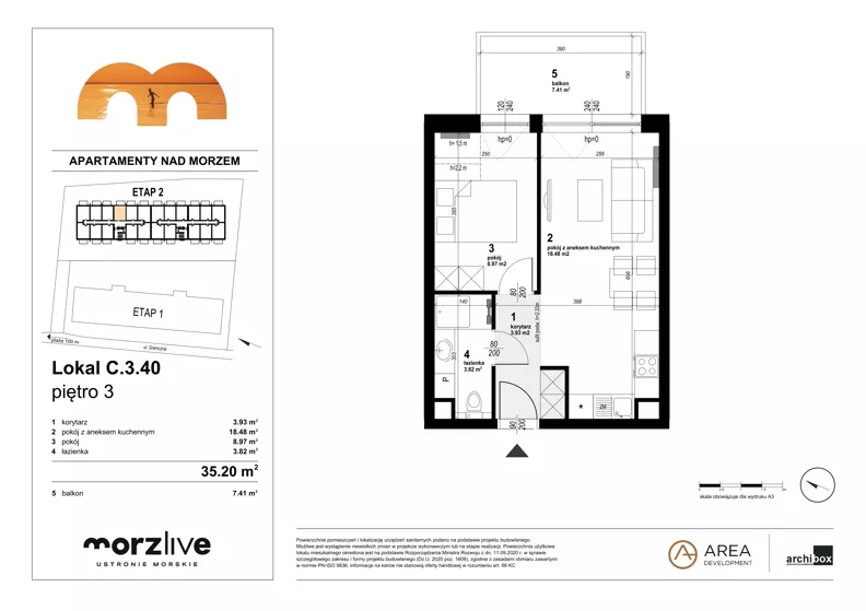 2 pokoje, mieszkanie 35,20 m², piętro 3, oferta nr C.3.40, Morzlive etap 2, Ustronie Morskie, ul. Graniczna 4