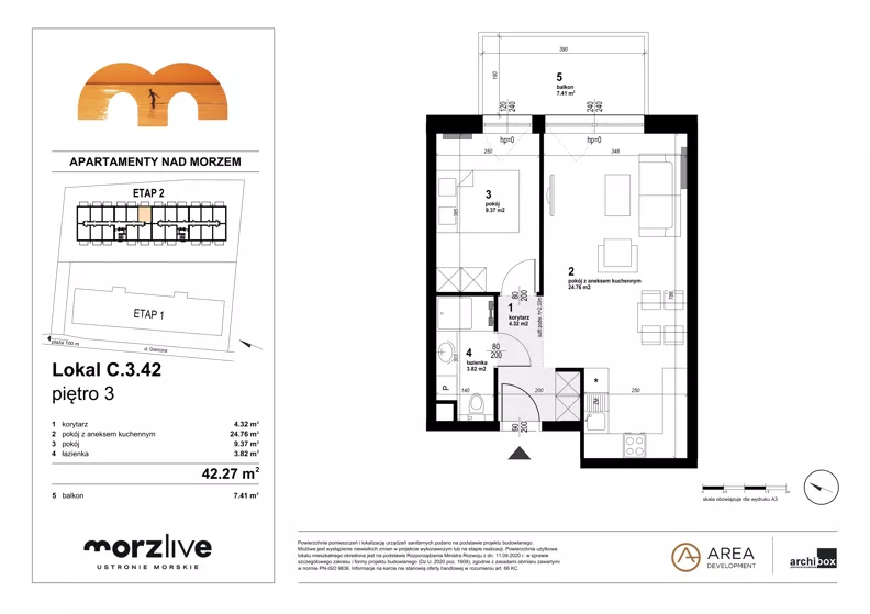 2 pokoje, mieszkanie 42,27 m², piętro 3, oferta nr C.3.42, Morzlive etap 2, Ustronie Morskie, ul. Graniczna 4