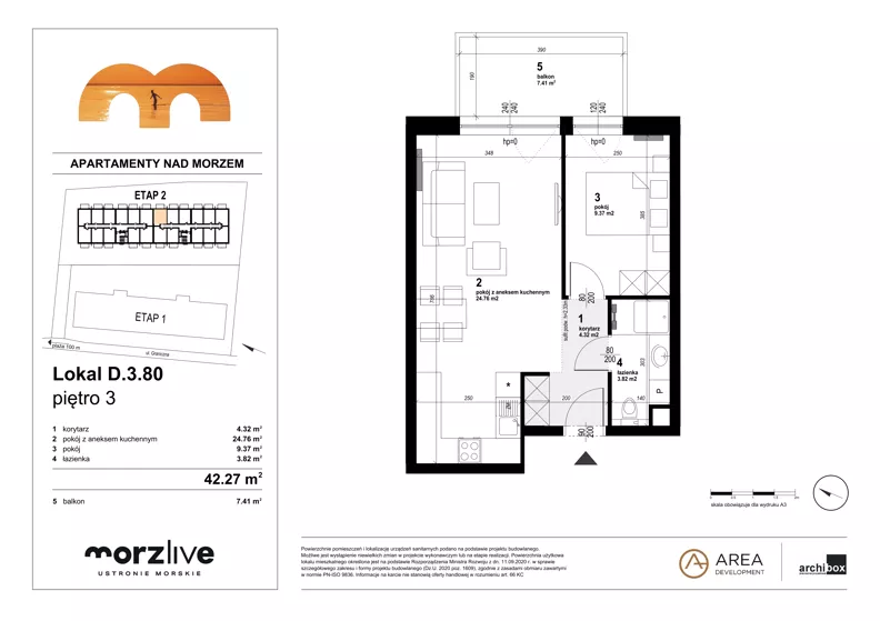 2 pokoje, mieszkanie 42,27 m², piętro 3, oferta nr D.3.80, Morzlive etap 2, Ustronie Morskie, ul. Graniczna 4