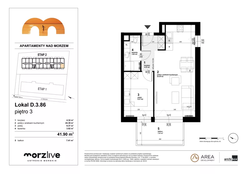 2 pokoje, mieszkanie 41,90 m², piętro 3, oferta nr D.3.86, Morzlive etap 2, Ustronie Morskie, ul. Graniczna 4