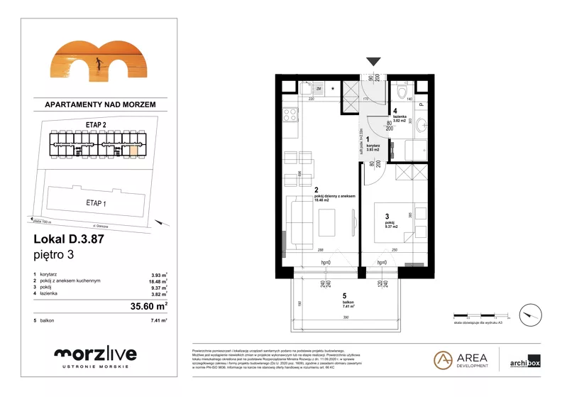 2 pokoje, mieszkanie 35,60 m², piętro 3, oferta nr D.3.87, Morzlive etap 2, Ustronie Morskie, ul. Graniczna 4