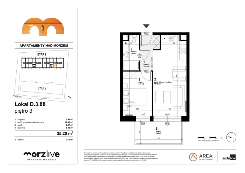 2 pokoje, mieszkanie 35,20 m², piętro 3, oferta nr D.3.88, Morzlive etap 2, Ustronie Morskie, ul. Graniczna 4