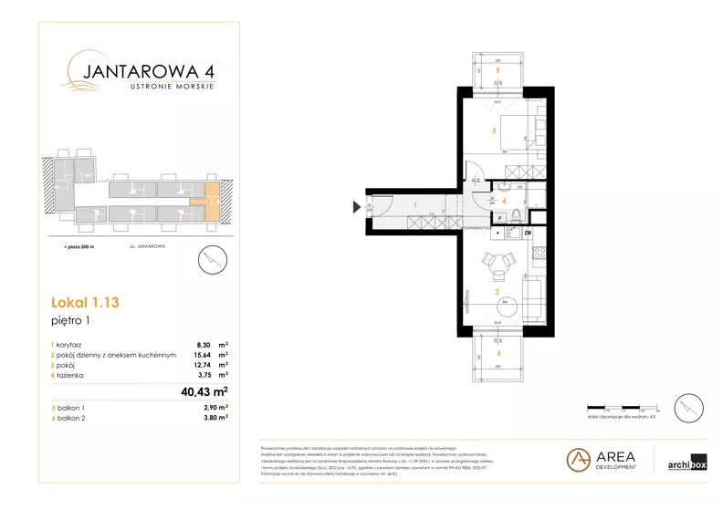 2 pokoje, apartament 40,43 m², piętro 1, oferta nr 1.13, Jantarowa 4, Ustronie Morskie, ul. Jantarowa 4
