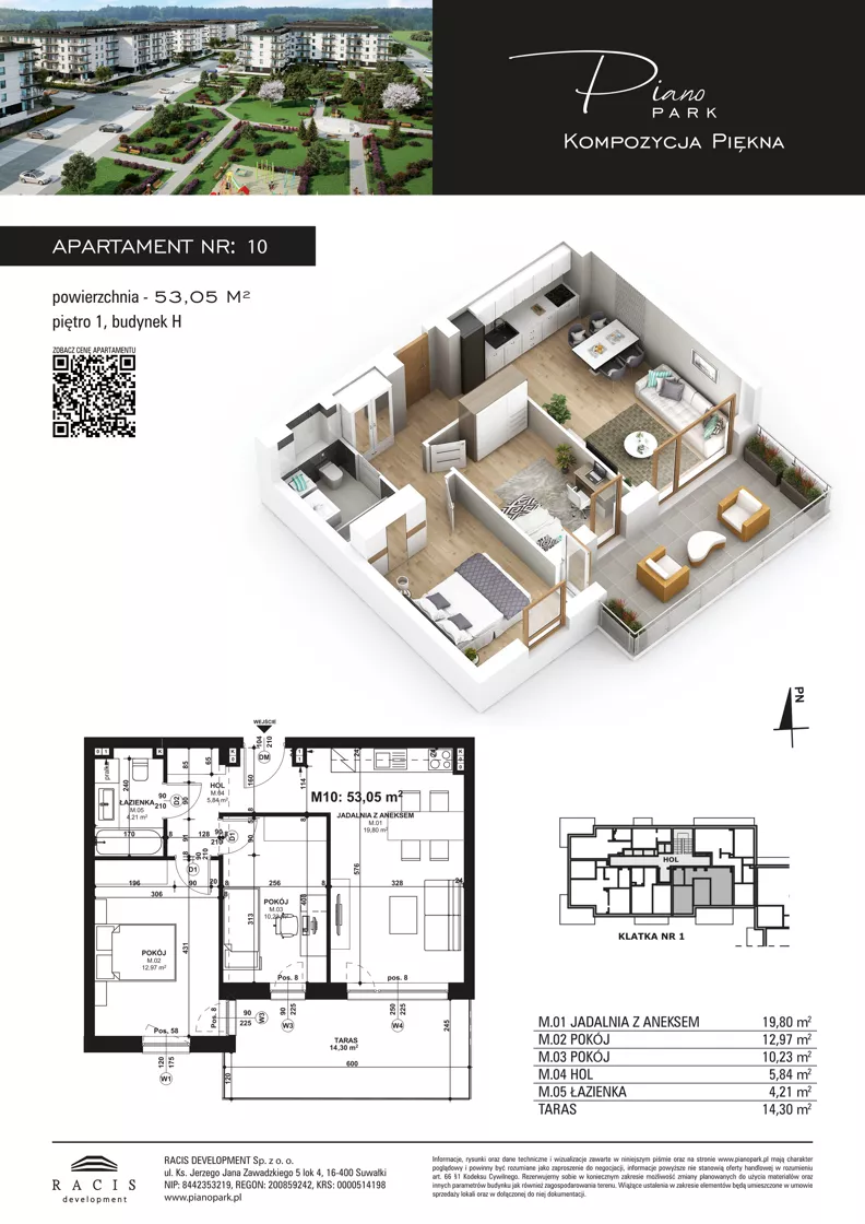 3 pokoje, mieszkanie 53,05 m², piętro 1, oferta nr 10, Piano Park bud. H, Suwałki, Czarnoziem, ul. Witolda "Rotmistrza" Pileckiego 5A