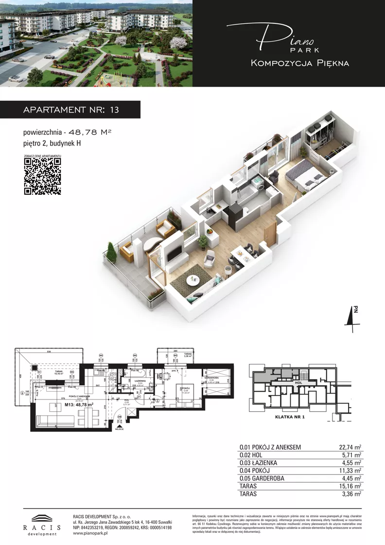 2 pokoje, mieszkanie 48,78 m², piętro 2, oferta nr 13, Piano Park bud. H, Suwałki, Czarnoziem, ul. Witolda "Rotmistrza" Pileckiego 5A
