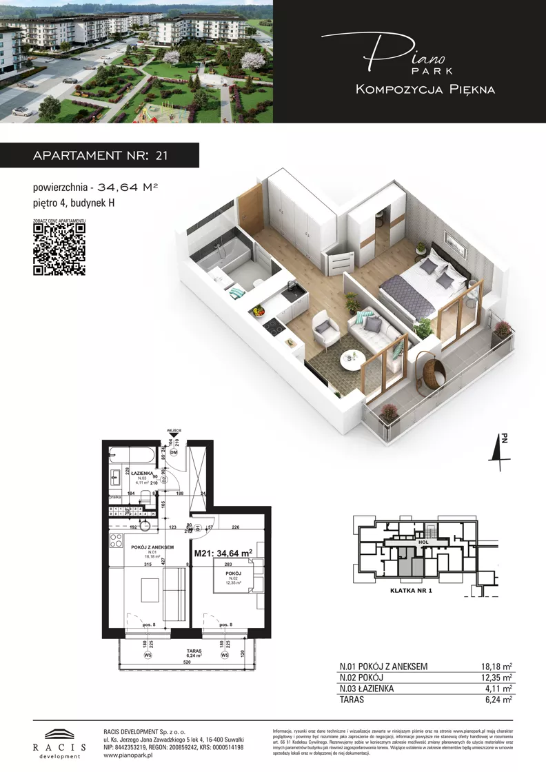 2 pokoje, mieszkanie 34,64 m², piętro 4, oferta nr 21, Piano Park bud. H, Suwałki, Czarnoziem, ul. Witolda "Rotmistrza" Pileckiego 5A