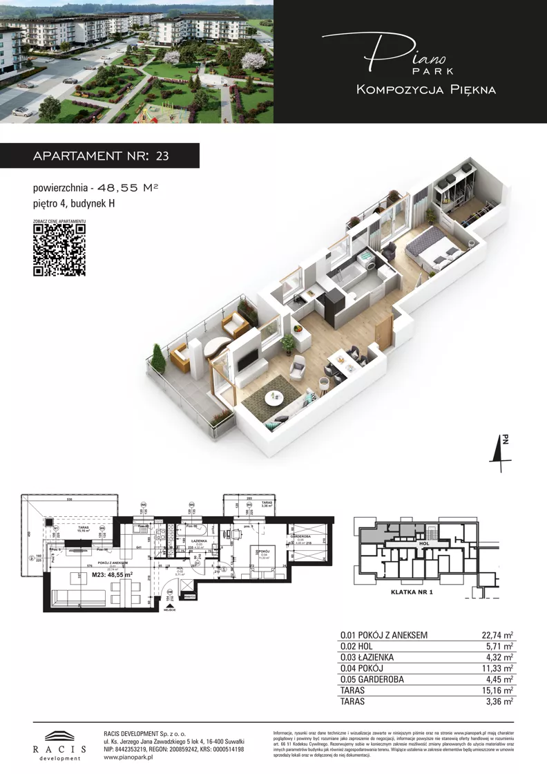 2 pokoje, mieszkanie 48,55 m², piętro 4, oferta nr 23, Piano Park bud. H, Suwałki, Czarnoziem, ul. Witolda "Rotmistrza" Pileckiego 5A