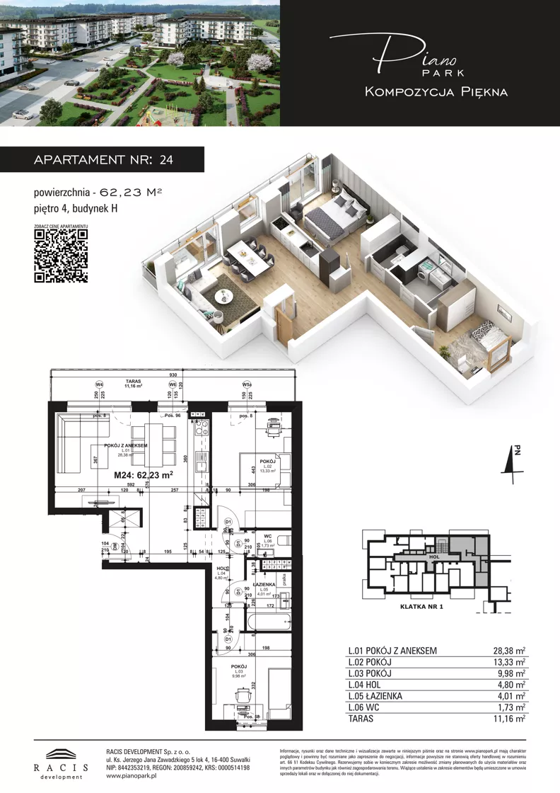 3 pokoje, mieszkanie 62,23 m², piętro 4, oferta nr 24, Piano Park bud. H, Suwałki, Czarnoziem, ul. Witolda "Rotmistrza" Pileckiego 5A