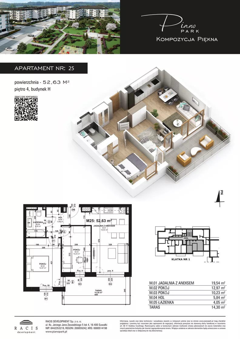 3 pokoje, mieszkanie 52,63 m², piętro 4, oferta nr 25, Piano Park bud. H, Suwałki, Czarnoziem, ul. Witolda "Rotmistrza" Pileckiego 5A
