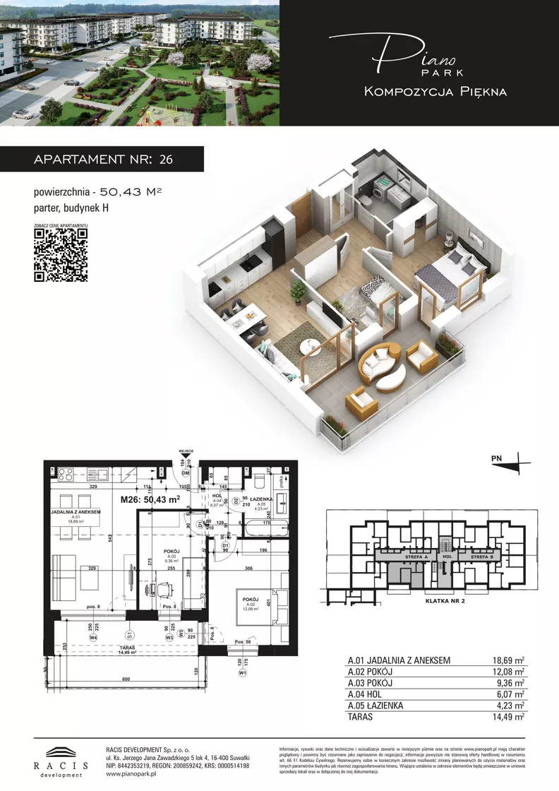 3 pokoje, mieszkanie 50,43 m², parter, oferta nr 26, Piano Park bud. H, Suwałki, Czarnoziem, ul. Witolda "Rotmistrza" Pileckiego 5A