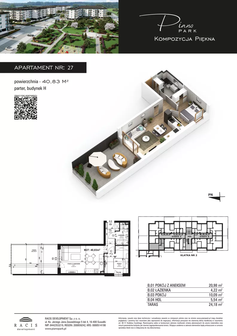 2 pokoje, mieszkanie 40,83 m², parter, oferta nr 27, Piano Park bud. H, Suwałki, Czarnoziem, ul. Witolda "Rotmistrza" Pileckiego 5A