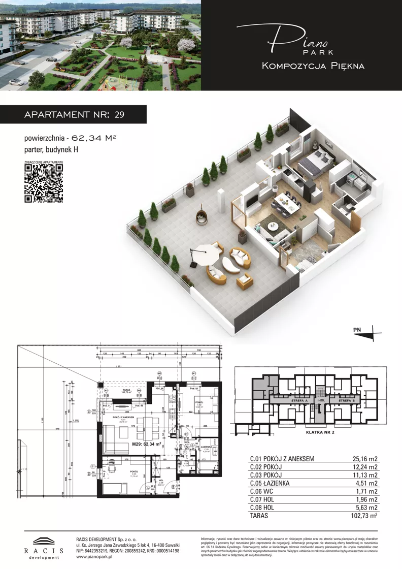 3 pokoje, mieszkanie 62,34 m², parter, oferta nr 29, Piano Park bud. H, Suwałki, Czarnoziem, ul. Witolda "Rotmistrza" Pileckiego 5A