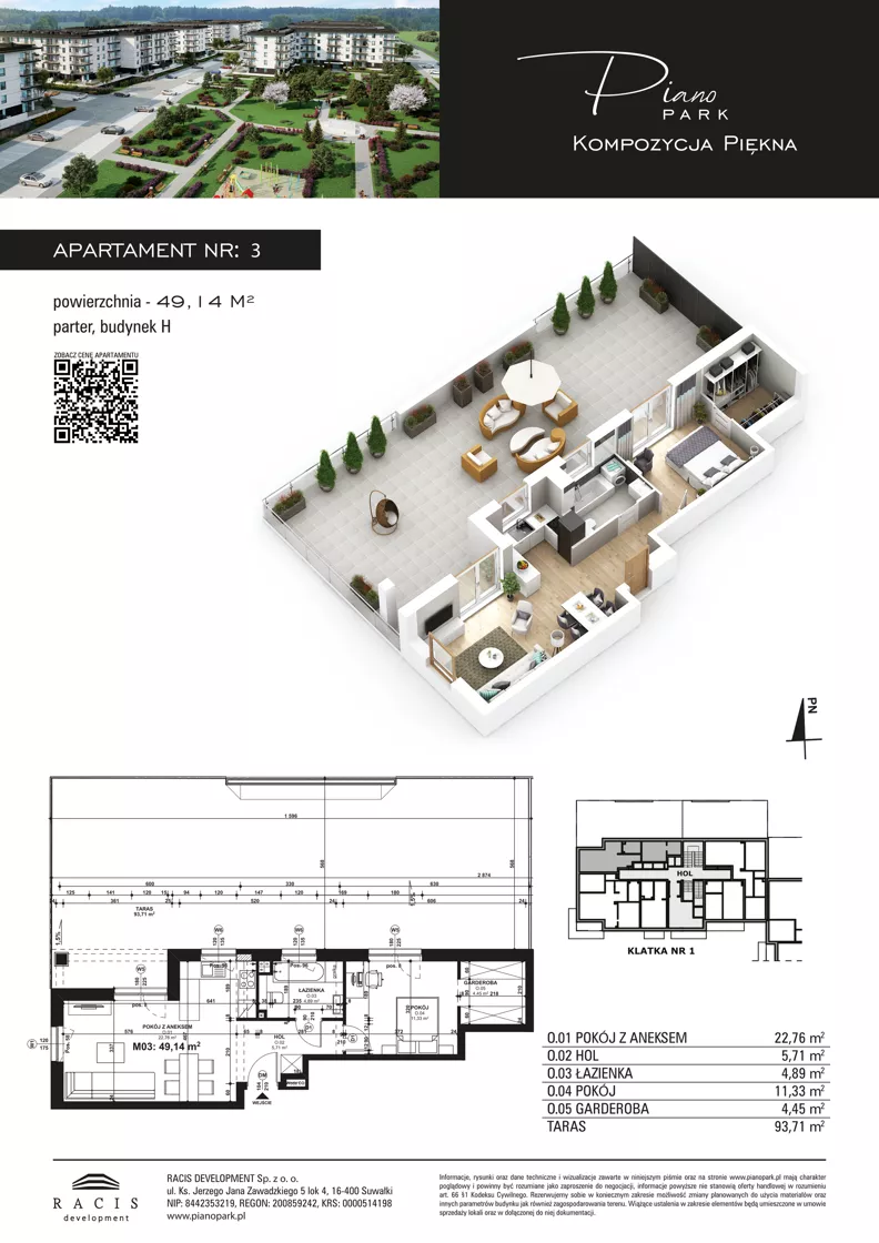 2 pokoje, mieszkanie 49,14 m², parter, oferta nr 3, Piano Park bud. H, Suwałki, Czarnoziem, ul. Witolda "Rotmistrza" Pileckiego 5A