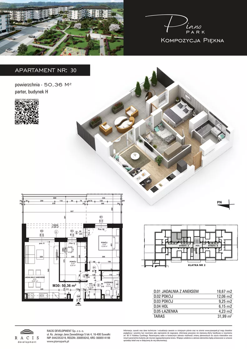 3 pokoje, mieszkanie 50,36 m², parter, oferta nr 30, Piano Park bud. H, Suwałki, Czarnoziem, ul. Witolda "Rotmistrza" Pileckiego 5A