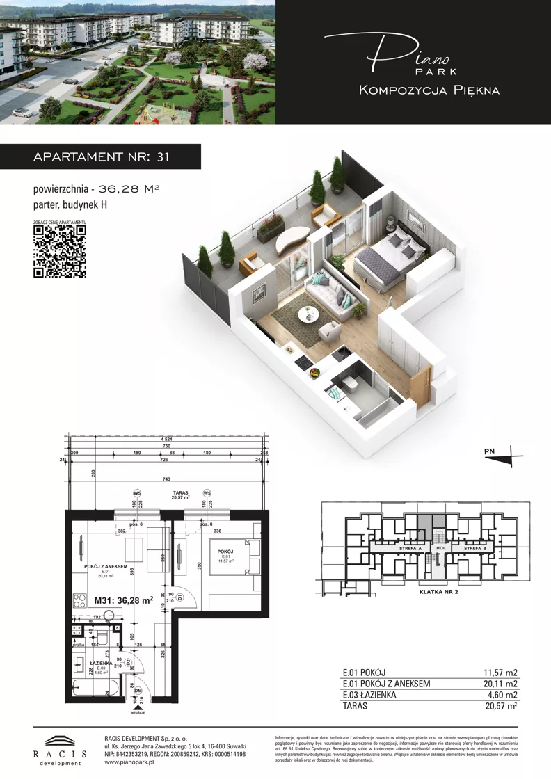 2 pokoje, mieszkanie 36,28 m², parter, oferta nr 31, Piano Park bud. H, Suwałki, Czarnoziem, ul. Witolda "Rotmistrza" Pileckiego 5A