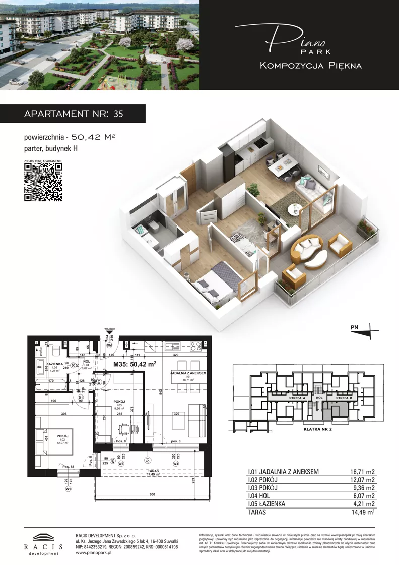 3 pokoje, mieszkanie 50,42 m², parter, oferta nr 35, Piano Park bud. H, Suwałki, Czarnoziem, ul. Witolda "Rotmistrza" Pileckiego 5A
