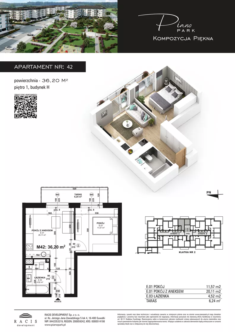 2 pokoje, mieszkanie 36,20 m², piętro 1, oferta nr 42, Piano Park bud. H, Suwałki, Czarnoziem, ul. Witolda "Rotmistrza" Pileckiego 5A