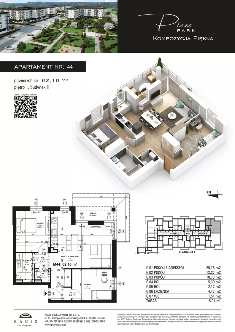 3 pokoje, mieszkanie 62,16 m², piętro 1, oferta nr 44, Piano Park bud. H, Suwałki, Czarnoziem, ul. Witolda "Rotmistrza" Pileckiego 5A