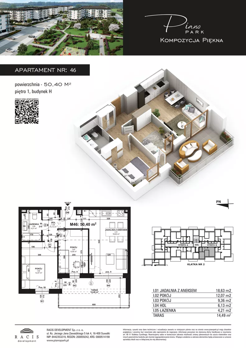 3 pokoje, mieszkanie 50,40 m², piętro 1, oferta nr 46, Piano Park bud. H, Suwałki, Czarnoziem, ul. Witolda "Rotmistrza" Pileckiego 5A