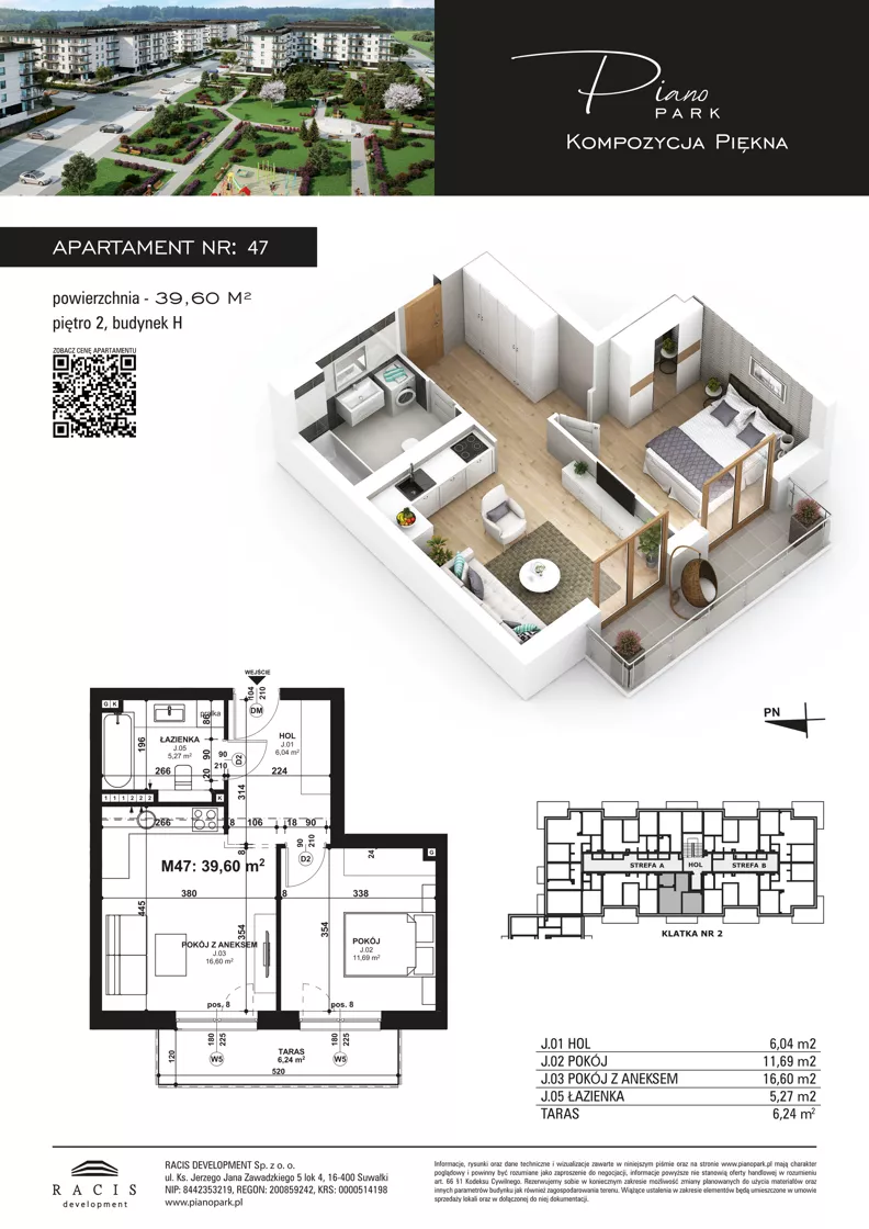 2 pokoje, mieszkanie 39,60 m², piętro 2, oferta nr 47, Piano Park bud. H, Suwałki, Czarnoziem, ul. Witolda "Rotmistrza" Pileckiego 5A
